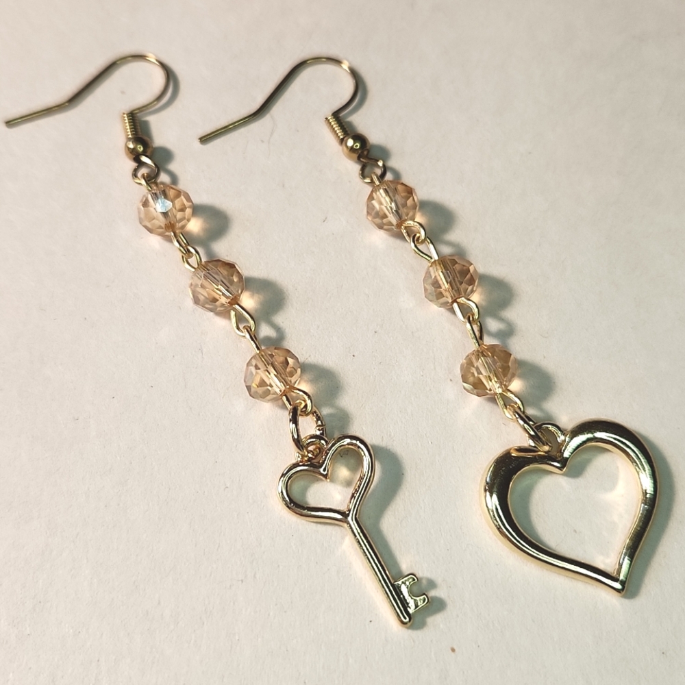 Handmade Key to My Heart Dangle Earrings 14k Gold Plated - Picture 3 of 7